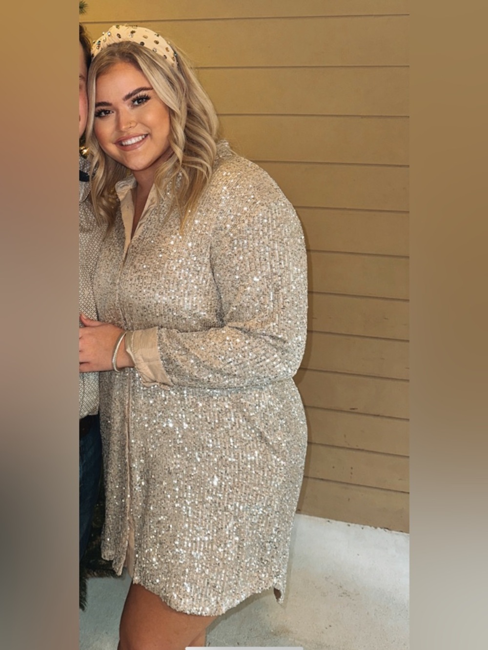Impressions Sequin-Trim Satin Top in Champagne